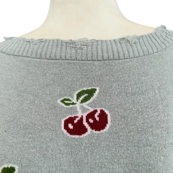 Cherry Sweater Knit Thrashed Womens Medium Grey Red V Back Grunge Cozy Punk - Picture 4 of 11